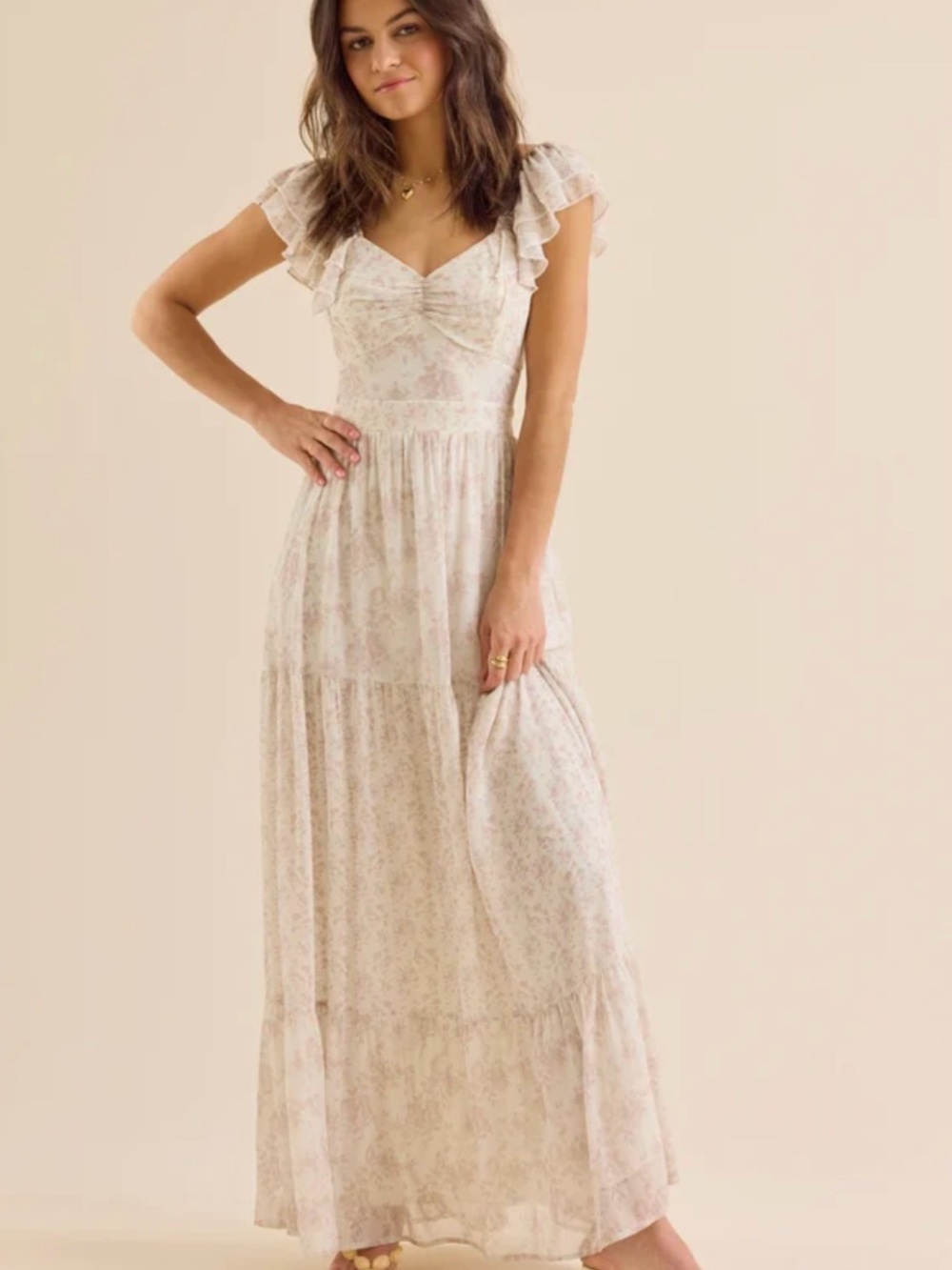 Altar'd State Cream Floral Ruffled Maxi Dress